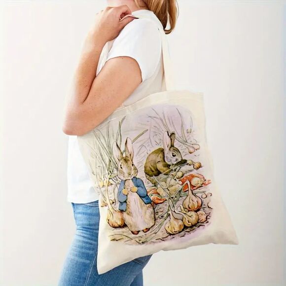 Tote Bag with Dual-Sided Print, Cute Cartoon Rabbit & Fairy Tale Design Reusable - Picture 1 of 2